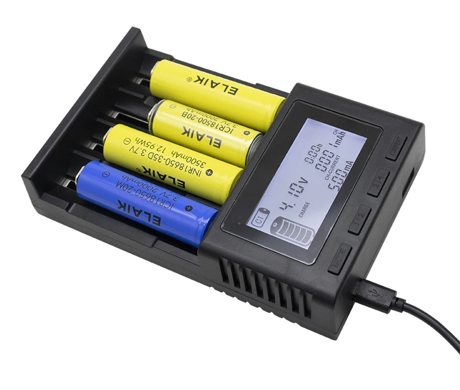 ELAIK EK-F4  LCD Smart Charger Test Capacity 26650 18650 14500 21700 18500 18350 AA AAA and other 4 slots with battery