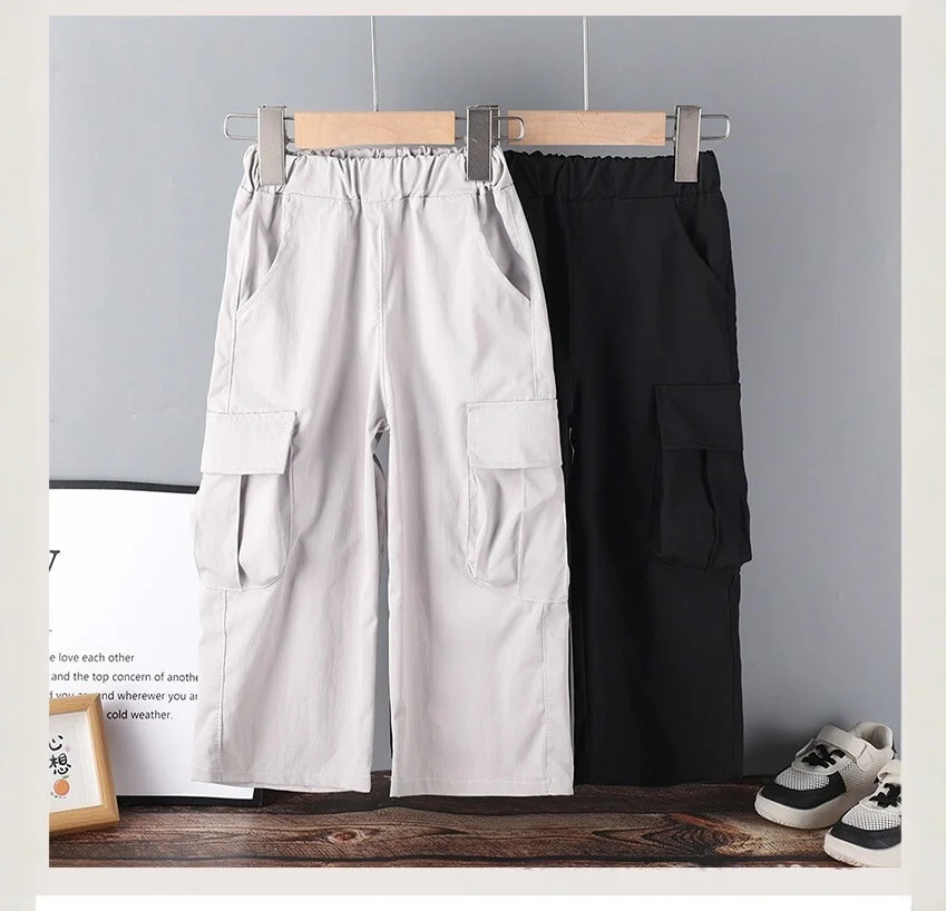 Frühling Sommer Jungen Mädchen Caprihosen Kinder Einfarbige Cargo-Hosen Elastischer Bund Weites Bein für Kinder Sportliche Hosen