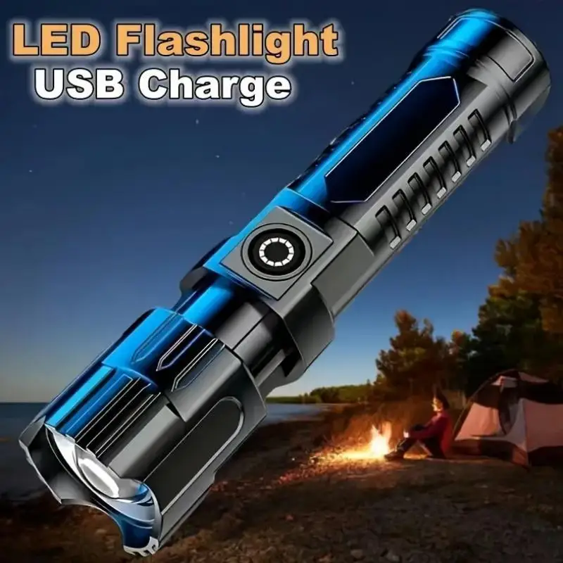 Portable led strong light flashlight, USB rechargeable telescopic zoom torch, multi-functional outdoor lamp outdoor camping
