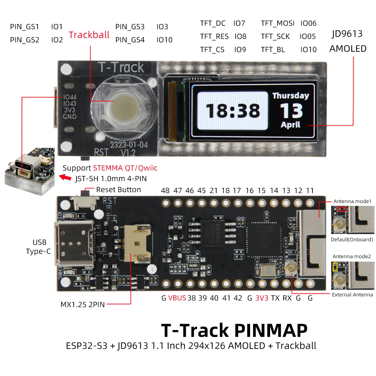 T-Track ESP32-S3 1.1 inch AMOLED trackball wireless module development board