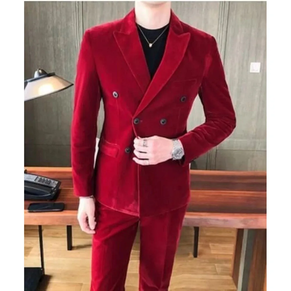 

High Quality Men's Suits Red Double Breasted Notch Lapel Elegant Wedding Groom Male Clothing 2 Piece Jacket Pants Slim Fit Terno