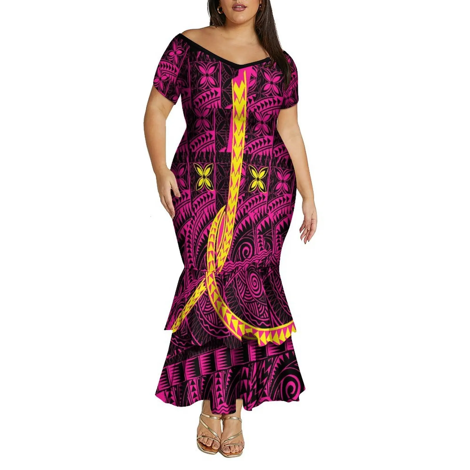 Vestido rabo de peixe de camada dupla equipado com um grande decote em V e ombro de fora vestido de festa e festival personalizado polinésio