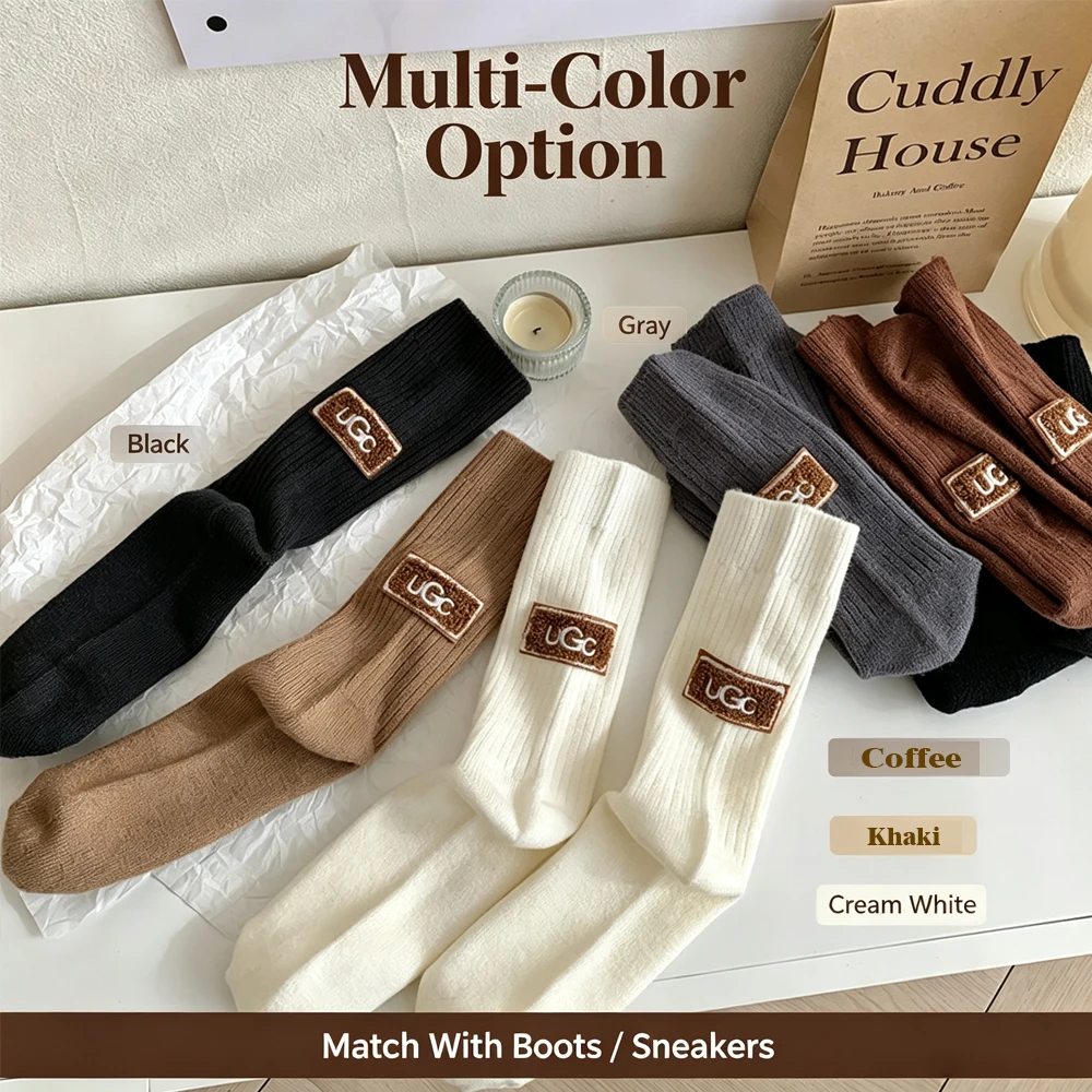 Winter Cozy Thick Pile Socks Women Mid Fashion Wool Cashmere Keep Warm Snow Boot Socks Heel Furry Label Footwear Letter Hosiery