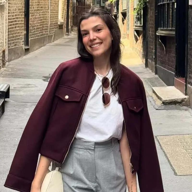 

YENKYE 2025 женская бордовая укороченная мягкая куртка на молнии спереди с длинным рукавом модное универсальное осеннее пальто