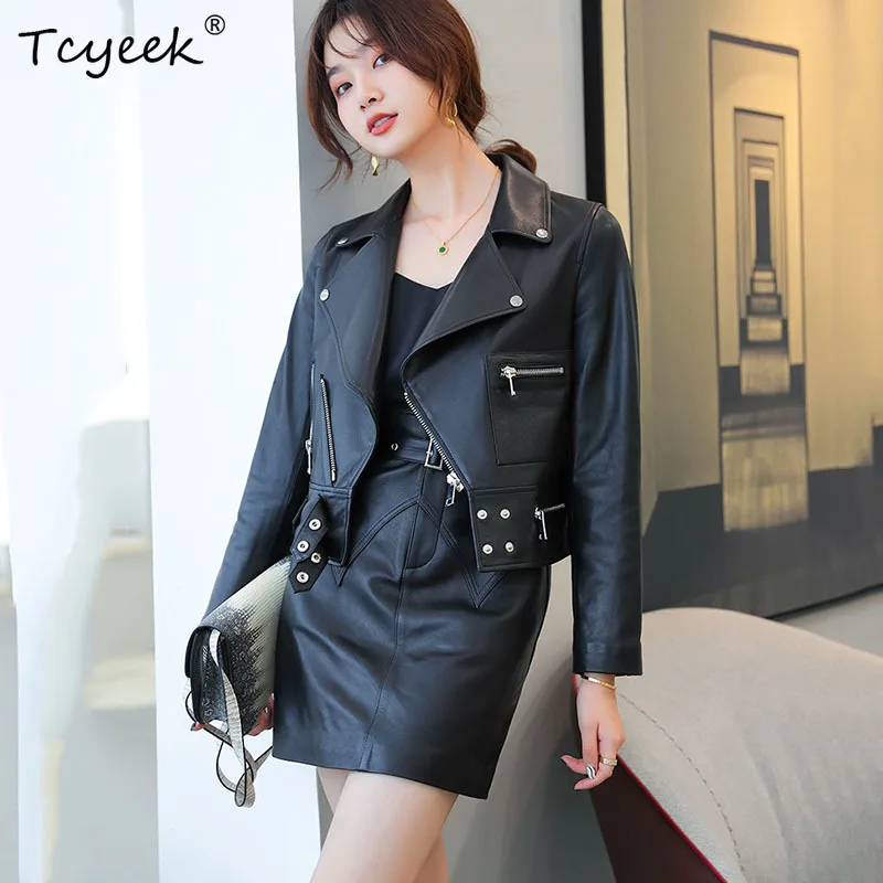 High Quality Motorcycle Genuine Leather Jacket Sheepskin High Waisted Mini Skirt For Women Spring Sexy Leather Suit Office Lady