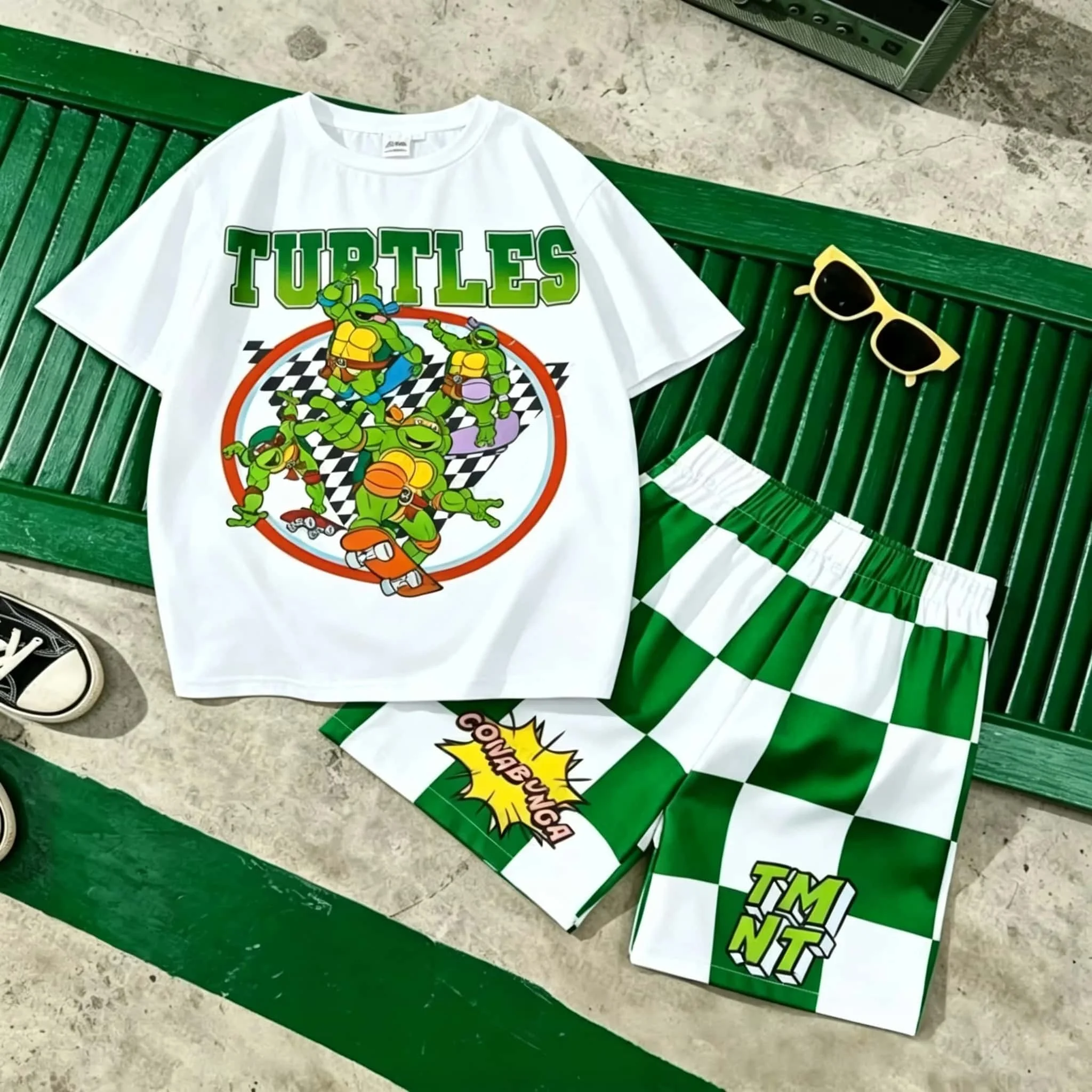 Childhood Memories Kill! Men and Women Ninja Turtles Cartoon Set Shorts Retro Anime Breathable T-shirt Family Size Large