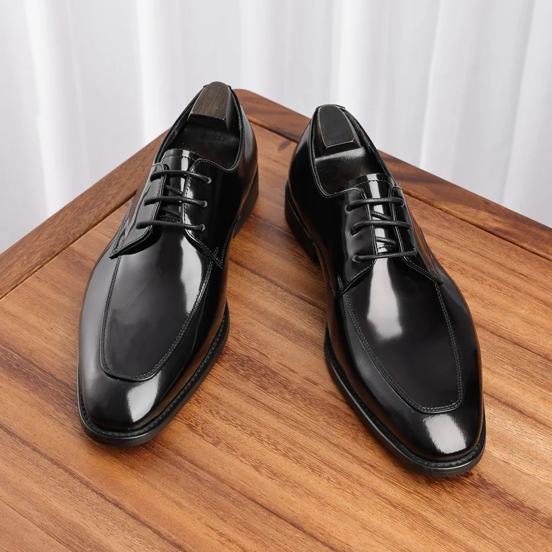 

New versatile formal leather shoes with front lace up, low cut genuine leather Derby stitching, handmade men's shoes