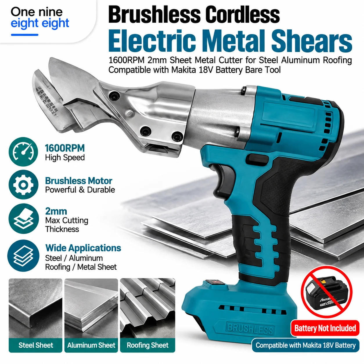 Cordless Metal Shears Brushless 1600RPM 2mm Sheet Metal Cutter for Steel Aluminum Roofing Compatible with Makita 18V Battery