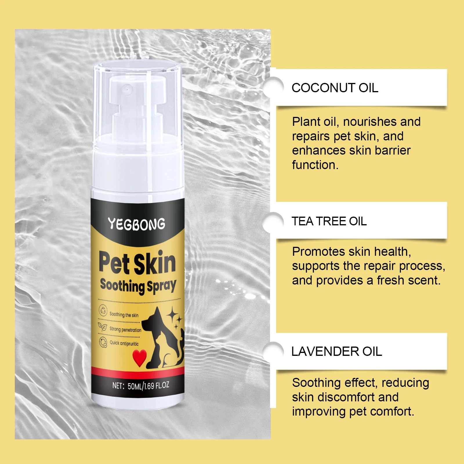 YEGBONG 50ml Pet Skin Care Spray Gentle Formula Soothing Discomfort Relief Vet Recommended for Dogs Cats All Breeds Daily Use
