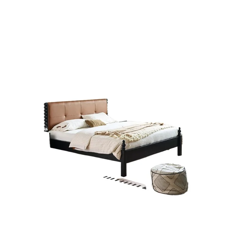 

French retro solid wood soft bag household bedroom double light luxury high-end leather art bed 1.8 meters wedding