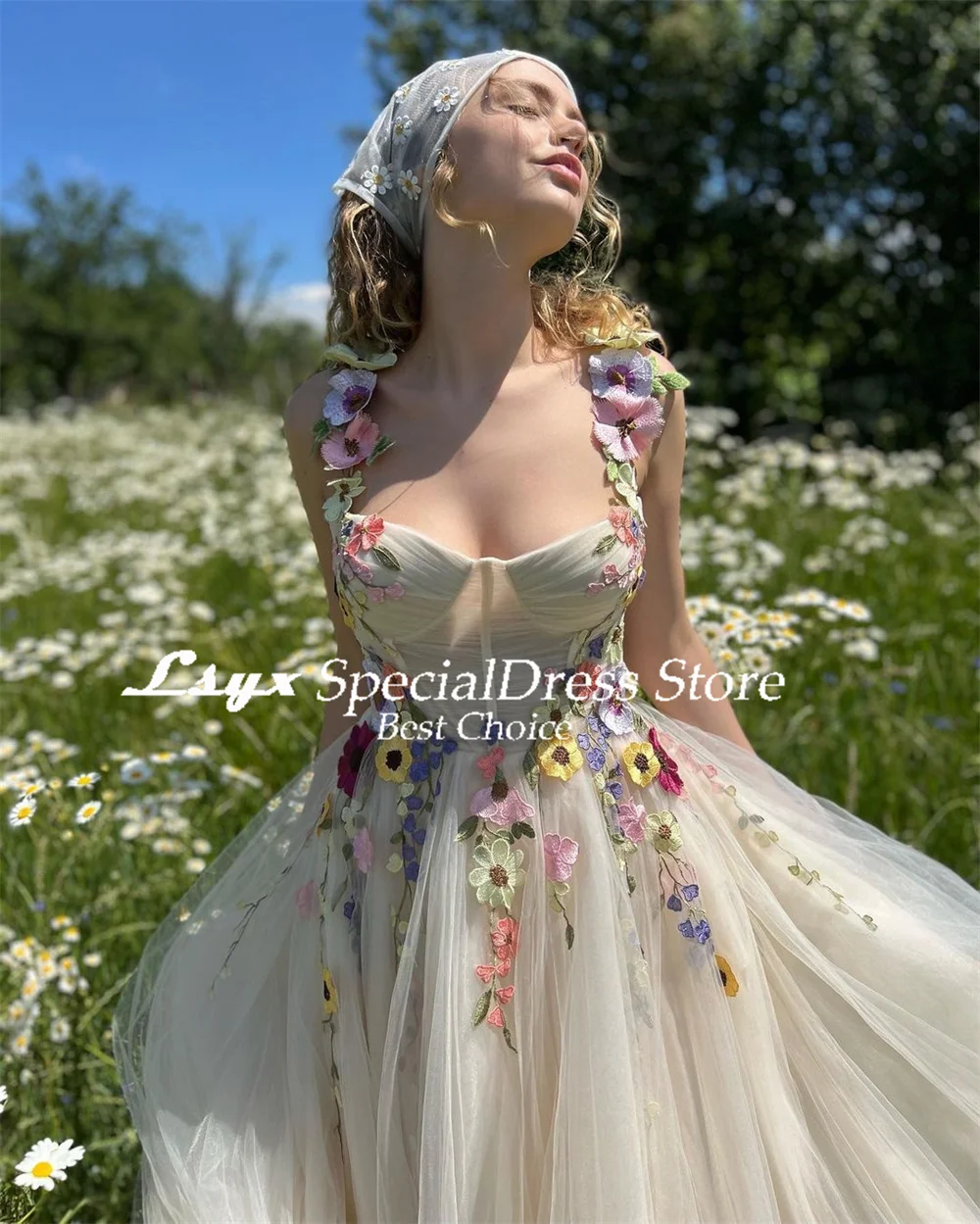 LSYX Pastrol Prom Gown Spaghetti Strap Floral Appliques Evening Dresses Sleeveless A-line Elegant Birthday Party Dresses