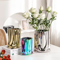 Modern Ceramic Pleated Electroplating Vase Hydroponics Flowers Dried Flowers Living Room Decoration Creative Home Decoration