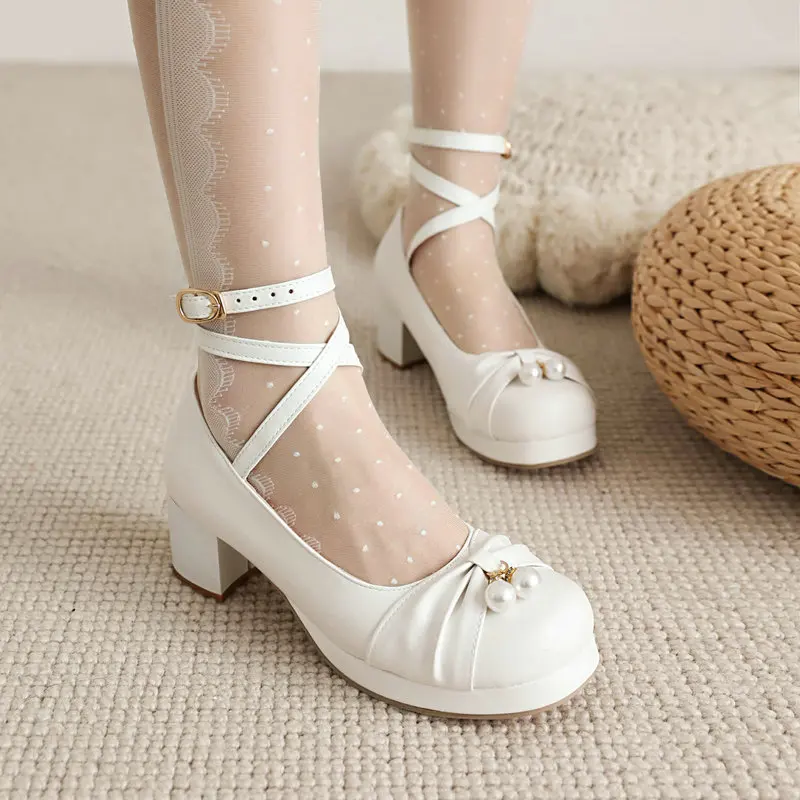 Children Girls High Heels Ankle Tape Women Pumps Sweet Bowknot Mary Jane Lolita Shoes Princess Cosplay Wedding Party Shoes 30-43