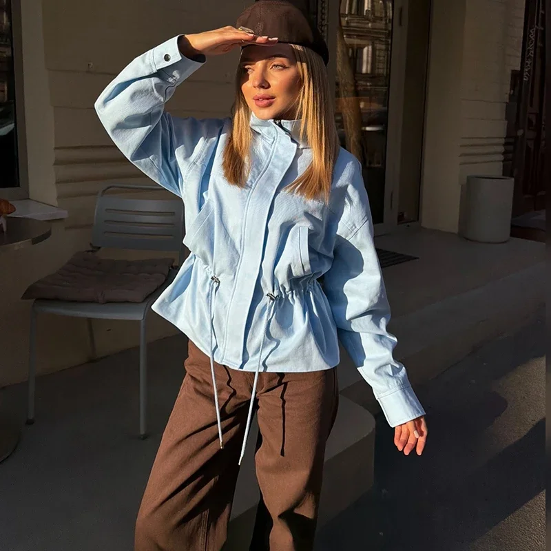 Baby Blue Stand Collar Drawstring Waist Jacket Zip Snap Front Drop Shoulder Pocket Loose Cropped Utility Windbreaker Outerwear