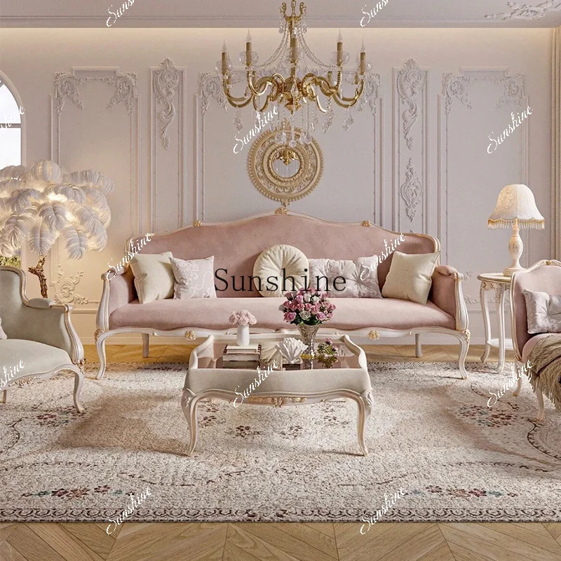 French solid wood sofa living room court style small apartment furniture carved three-person sofa  FT