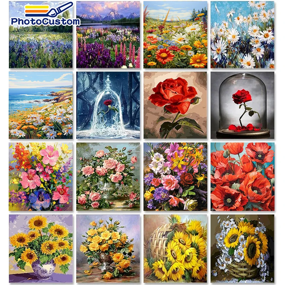 Oil Painting By Numbers Flower On Canvas With Frame Handmade Drawing Paints For Adults Picture Coloring By Number Decoration Art