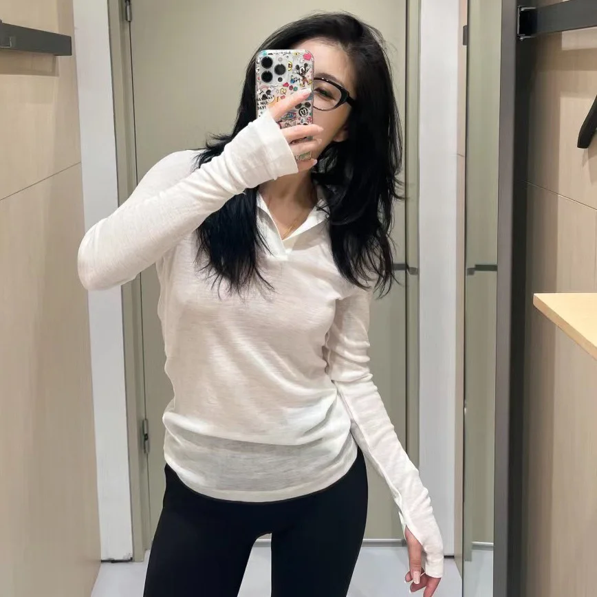 Camiseta ajustada con Base de punto fino para mujer, jersey ligero de manga larga con cuello vuelto, Micro perspectiva