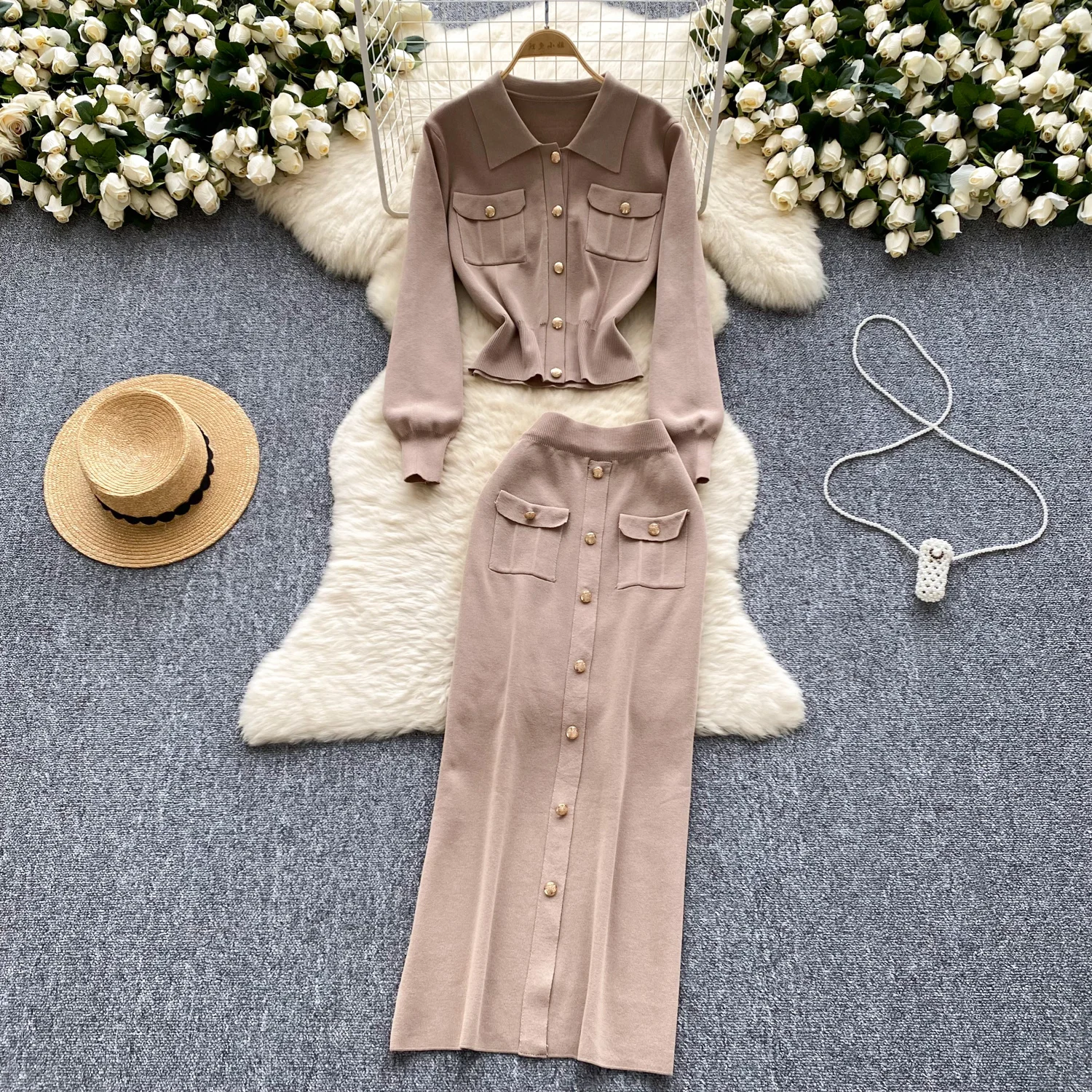 Metal Buckle Lapel Knitted Cardigan Sweater Suits+High Waist Solid Half Skirt Set Autumn Winter Street Women Two Pieces Suit