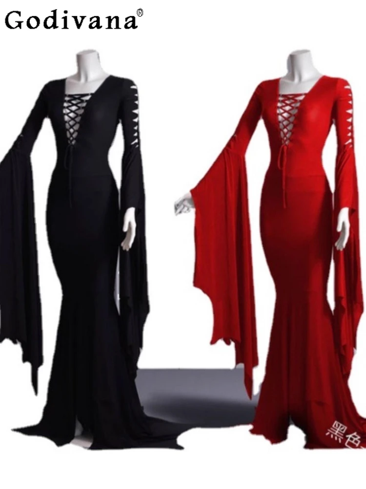 

Gothic Big Swing Sleeve Vintage Solid Color Lace-Up V-Neck Temperament Long Dress Girls Cos High Waist A-line and Floor Dresses