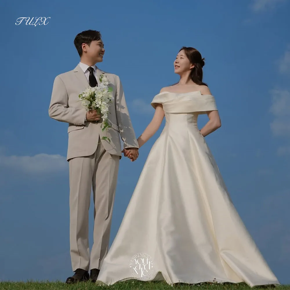 TULX Elegant Satin Wedding Dress Korea Photo Shoot Off Shoulder A line Floor Length Bridal Gowns Corset 웨딩드레스 Customized