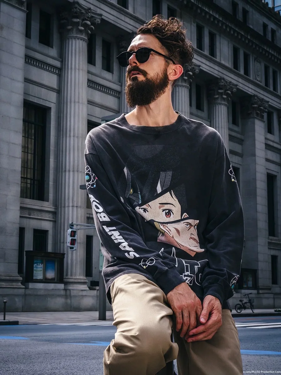 Retro Washed American PLUTO Cartoon Character Printed Long Sleeve T-Shirt Unisex Cotton Casual Style Breathable Autumn Top