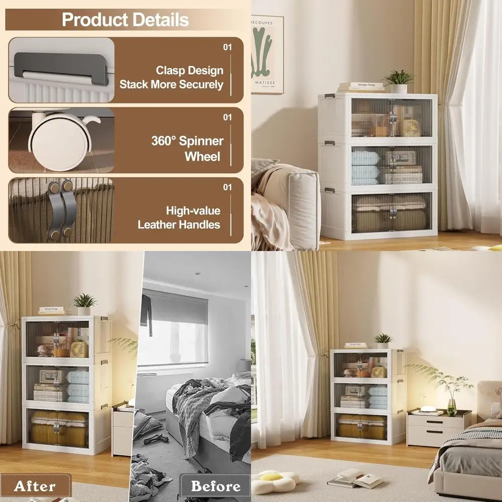 

Stackable Collapsible Storage Bins with Lid, Grey, 26x17x43.7 for Closet Organization