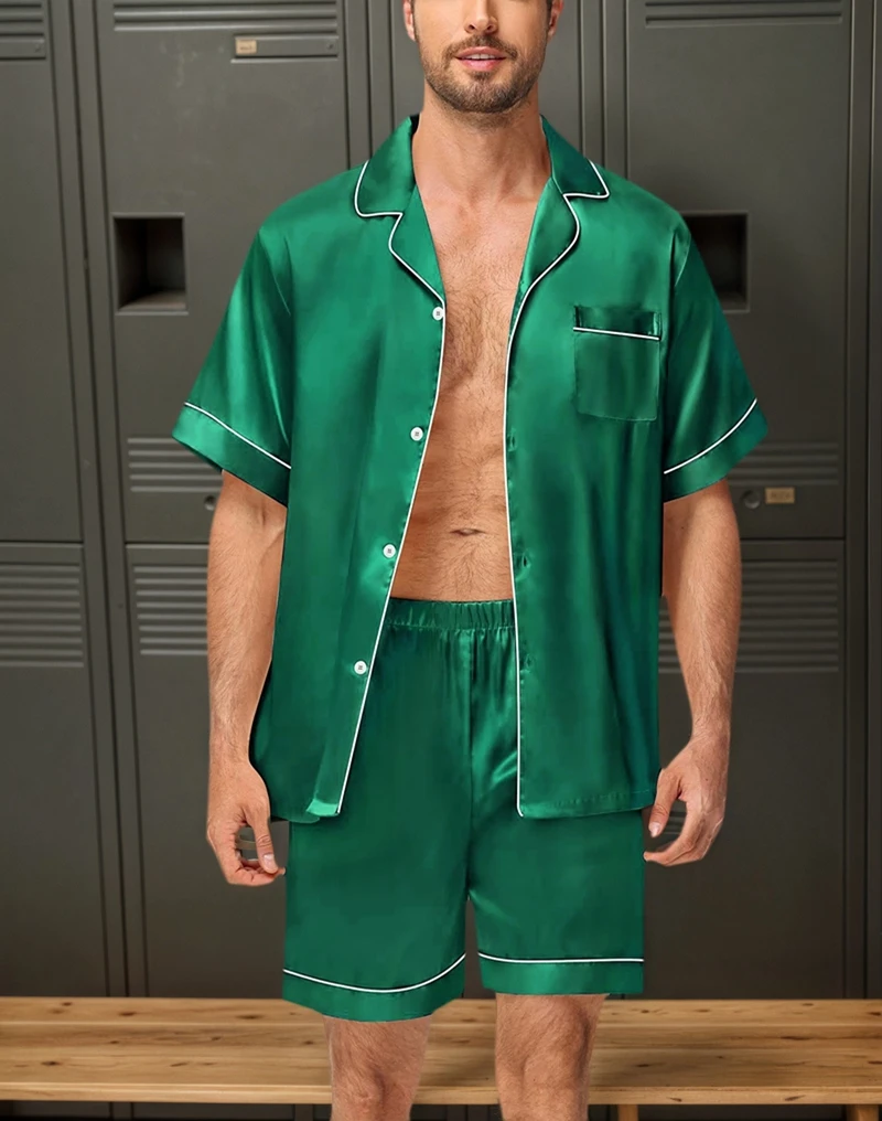 

Men's Silk 2Pcs Pajama Set Short-Sleeve Lapel With Chest Pocket Top And Elastic Shorts Summer Luxurious Hombre Pj Cozy Sleepwear