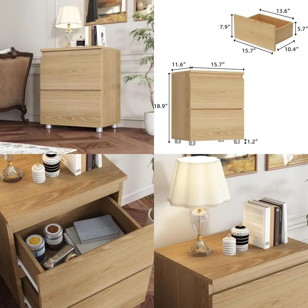contemporary oak nightstand with drawers, sleek handleless design, ideal for bedroom and living room