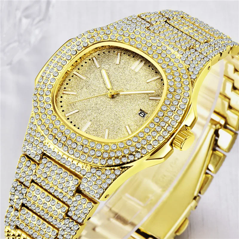 Male Golden Brand Watches Fashion Alloy Band Hip Hop Diamond Date Vintage Quartz Watch Relojes Lujo Marcas Men Montre Homme 2024