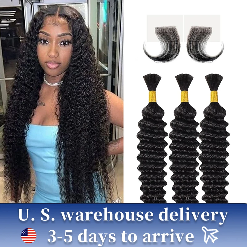 12A No Weft Human Hair Human Braiding Hair Deep Wave Bulk Human Hair  Bundles Micro Human Braiding Hair for Boho Braids Human