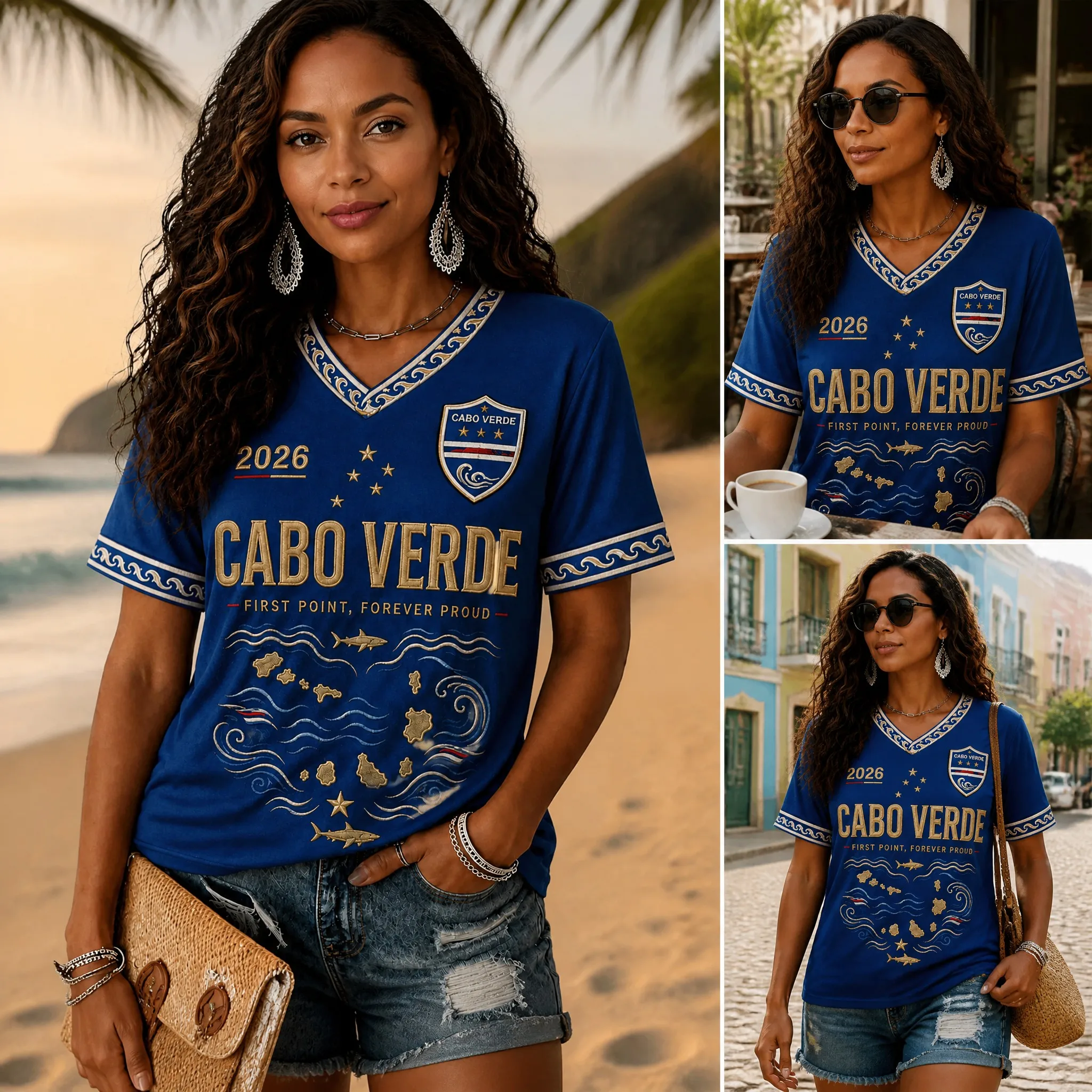 Cabo Verde Womens V Neck Football Tee 2026 Shark Stripe Print Short Sleeve Casual Summer Top With Crest Detail Relaxed Fit Daily