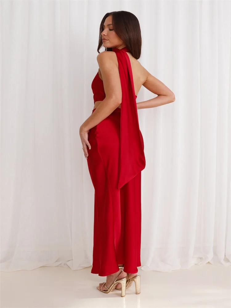 Hot Selling One Shoulder Halter Neckline Straight Satin Evening Dress Open Back Keyhole Ankle Length Front Slit Gown For Women