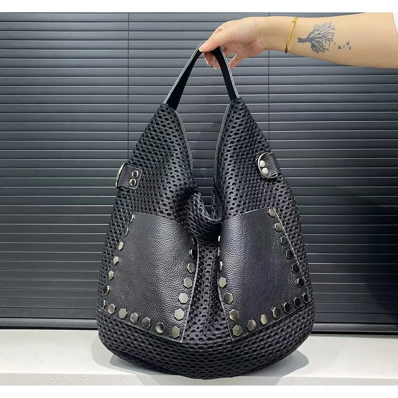 Mesh riveted Large Capacity Tote Bag - Removable shoulder strap, mesh design, fashion pieces - perfect for work, commuting trend