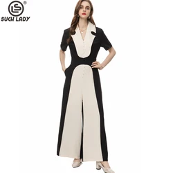 Women's Runway Jumpsuits& Rompers V Neck Short Sleeves Color Block Wide Leg Elegant Fashion Pants