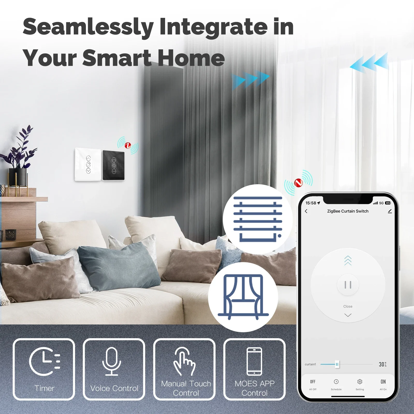 MOES Tuya ZigBee Smart Curtain Switch 2.5D Support RF433 Arc Glass Touch Panel App Remote Control Work With Alexa Google Home