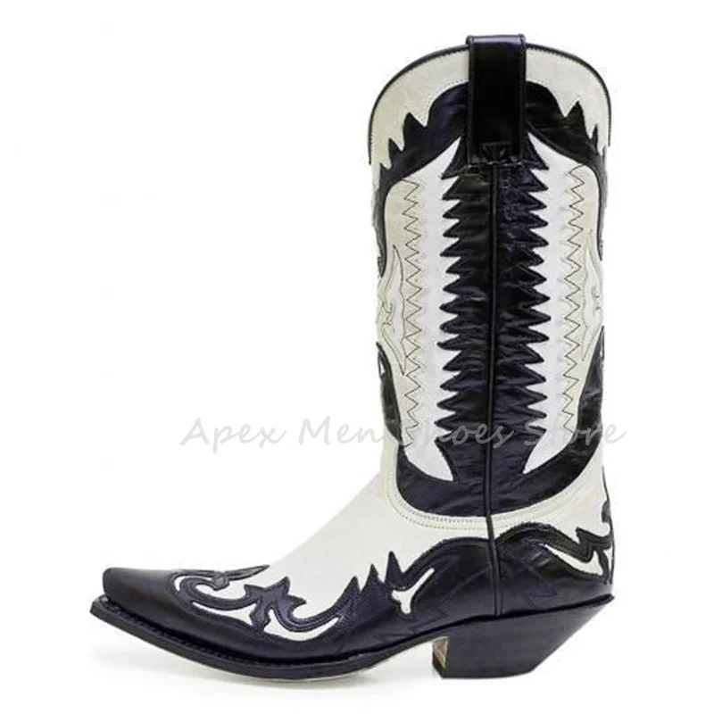 

Autumn Black White Pointed Toe Heel Cowboy Boots Stylish Embroidered Leather Western Calf Boots Men's Party Casual Footwear