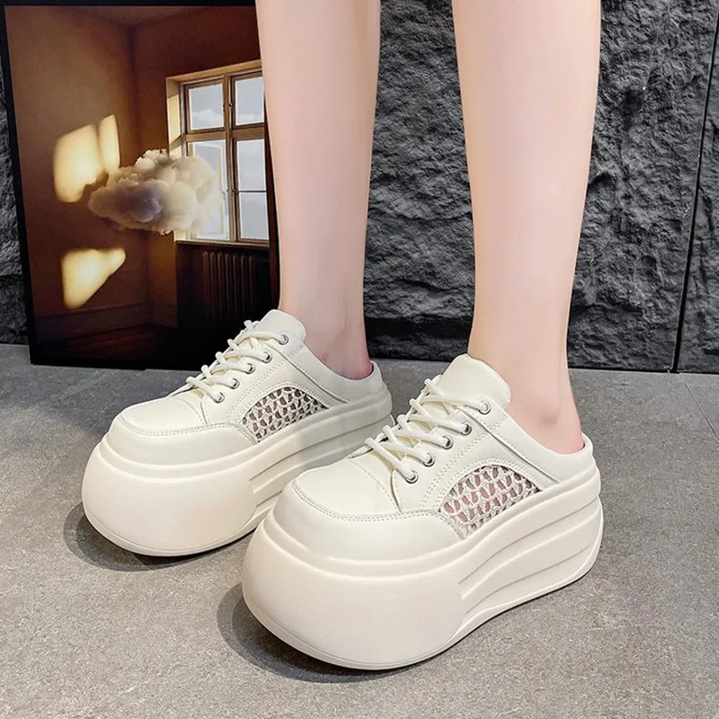 Spring Summer 7.5CM Half Slippers Women's Casual Shoes Platform Ladies Slippers Lace Up Elevator Shoe Low Top Female Footwear