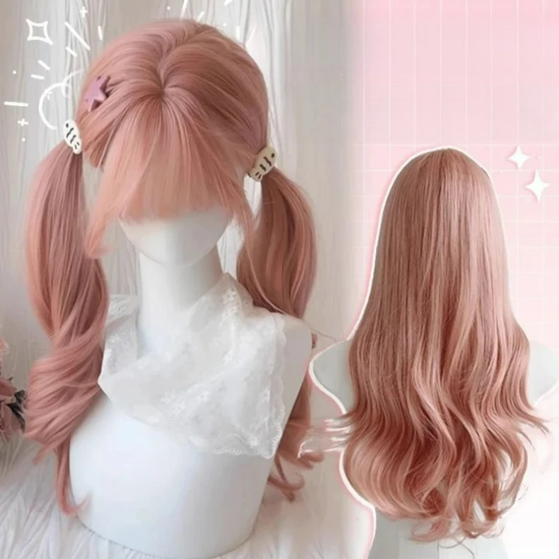 24Inch Fluffy Pink Synthetic Full Head Wig With Simulation Big Scalp Bangs Long Wavy Full Machine Made Wig for Women Daily Use