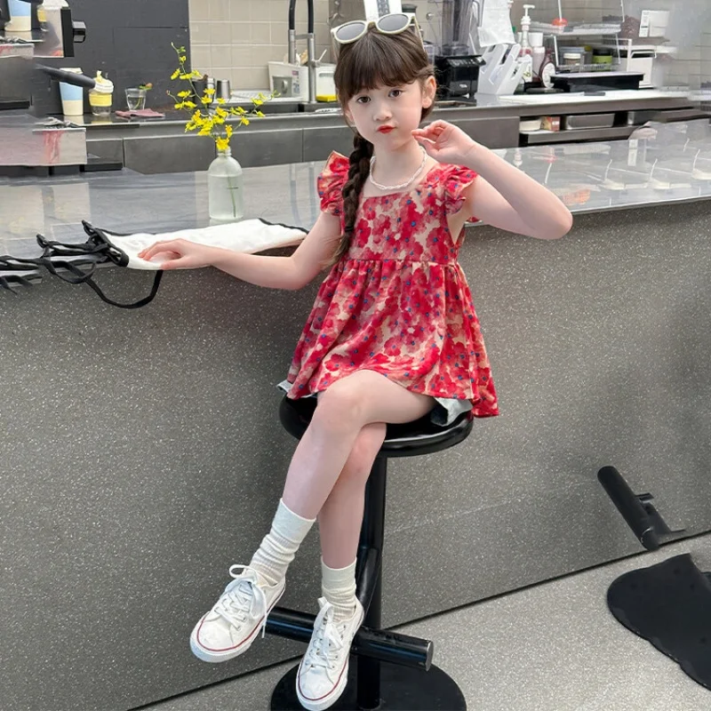 New 2025 Summer 6 8 10 12 14 16 Years Children Sleeveless Floral Blouse+Denim Shorts 2 Piece Suits FashionKids Girl Clothing Set