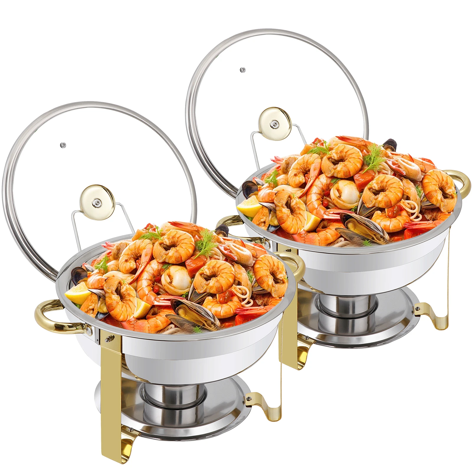 

2 Pack Chafing Dish Buffet Set Round w/ Glass Lid & Lid Holder Stainless Steel