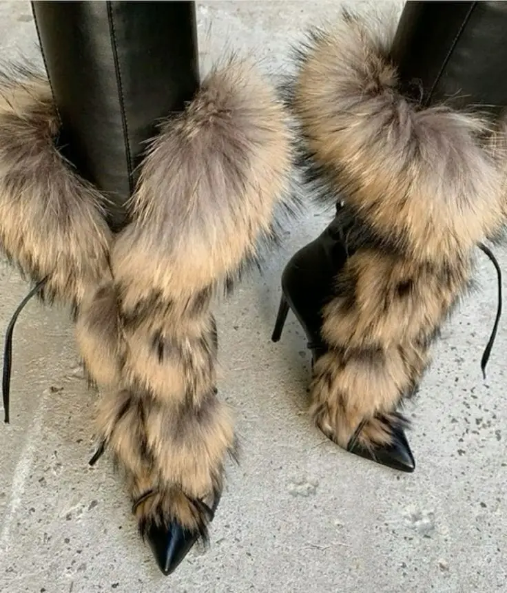 Fur Pointed Toe Black Leather Mid Calf Boots Women Sexy Thin High Heels Short Boot Big Size Lady Winter New Designer Shoes