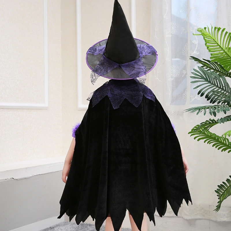 2Pcs Kids Halloween Clothes Unisex Witch Cosplay Cloak+Witch Hat Costume Carnival Party Prom Performs Dressing Up Dress Cape