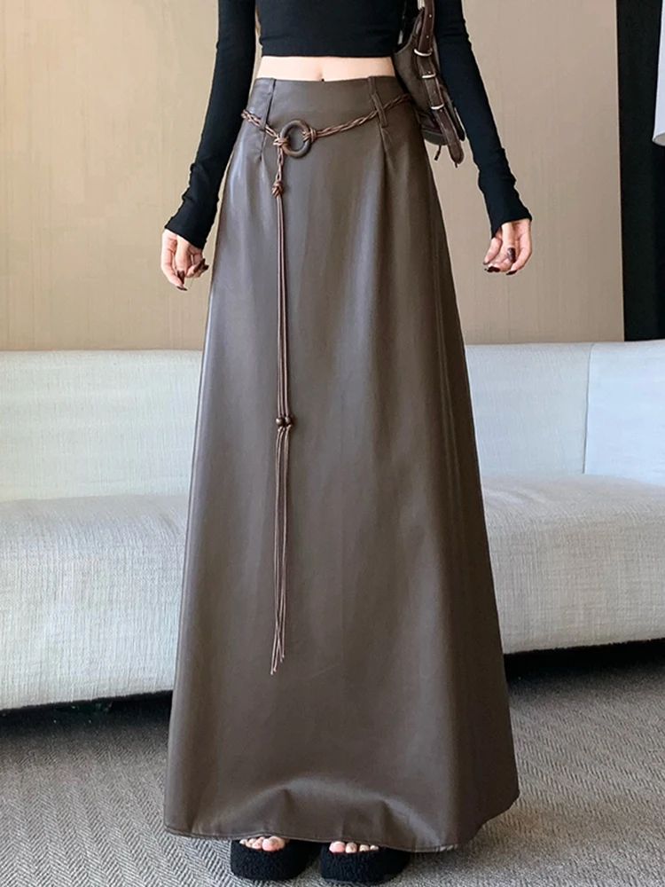 

Ele High Waist A-Line Skirt PU Leather Women's Spring New Sle Belted Slimming Skirt Cleanfit High Quali Skirt