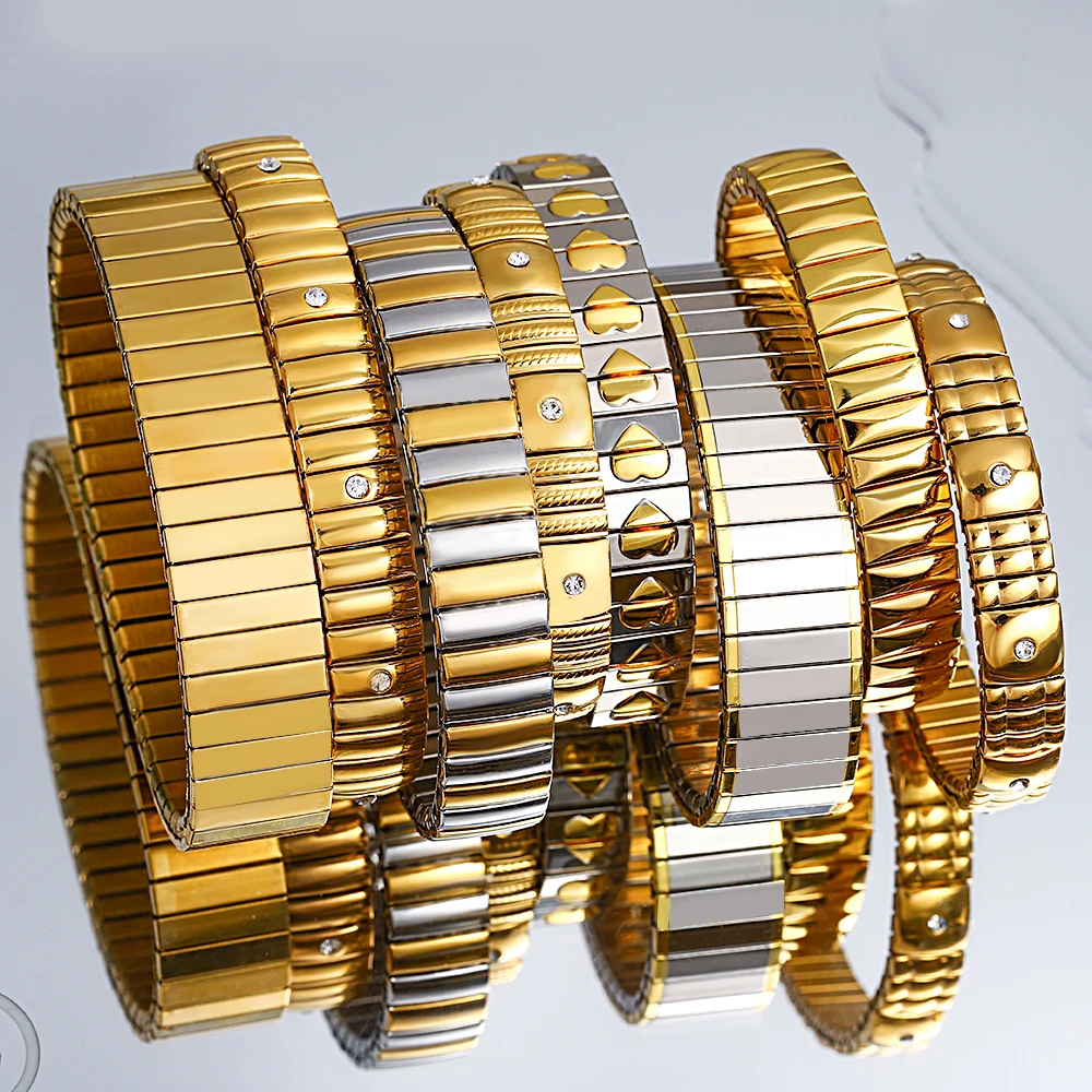 New Fashion Elastic Stainless Steel Adjustable Bracelet for Women Men Charm Embedded Rhinestone Couple Jewelry