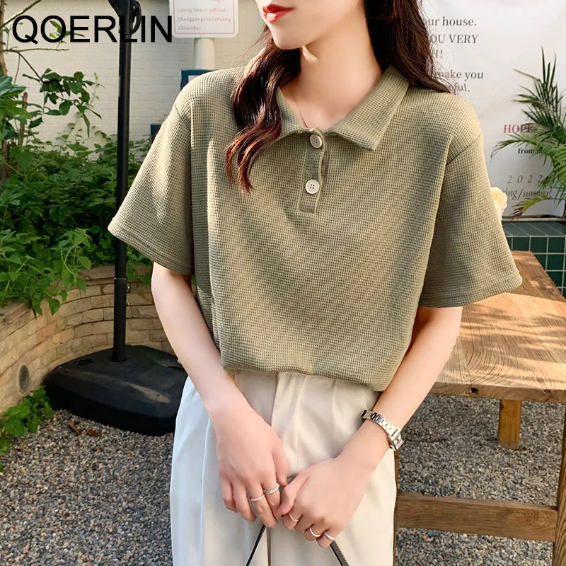 QOERLIN Matcha Green Waffle Short Sleeve T Shirt Women Summer Loose Top Casual Shirts Summer Polo Golf Woman Blouses 2022