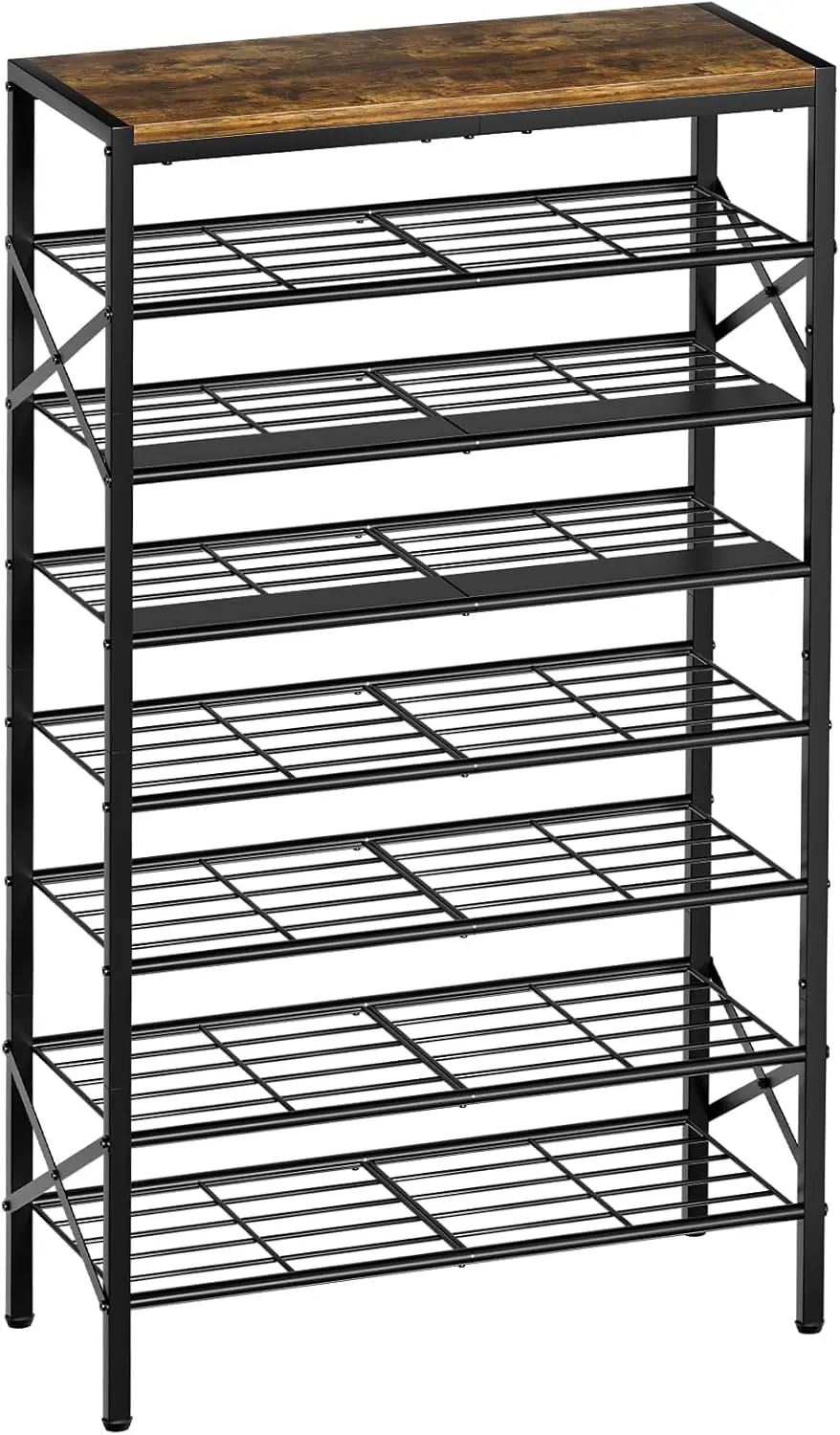 

8-Tier Metal Shoe Rack with Wooden Top Shelf, Holds 24-32 Pairs, Heavy-Duty for Entryway or Closet