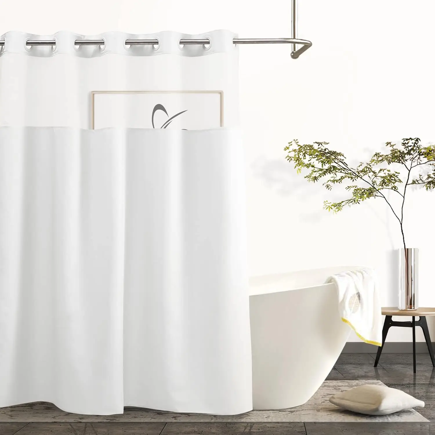 

Modern Hotel Grade No Hooks Needed Shower Curtain with Snap in Liner White Standard-71 x 74"
