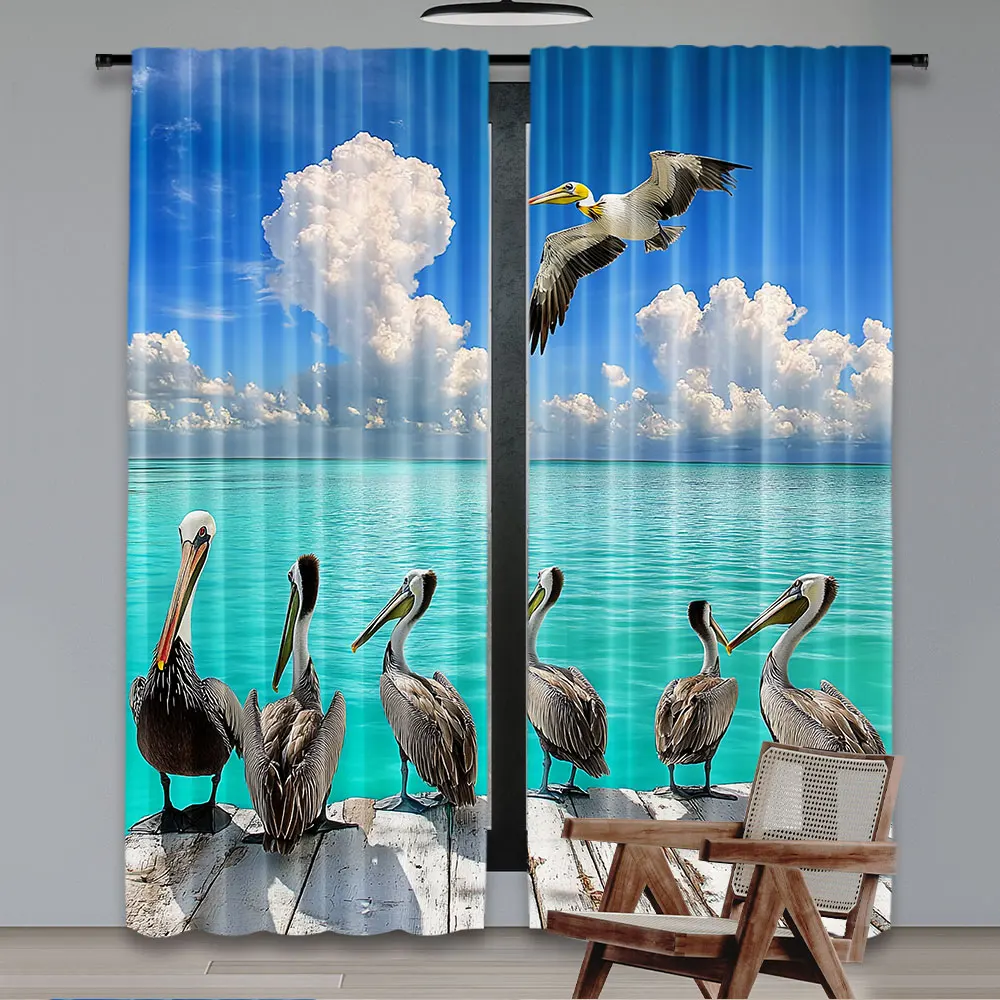 2Pcs Landscape Curtain Tropical Sea View With Exotic Birds Pelicans Caribbean Beach Tranquil Photo For Bedroom Living Room