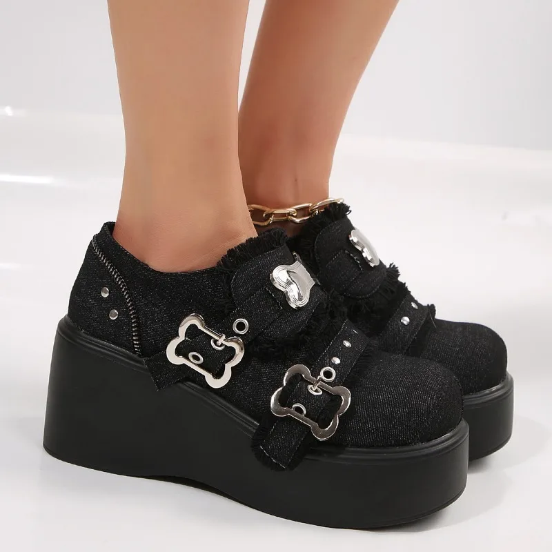 

New Denim Sponge Single Shoes with Wedge Heels, Large Metal Thick-soled JK Mary Jane Shoes for Women in Spring and Autumn 2026