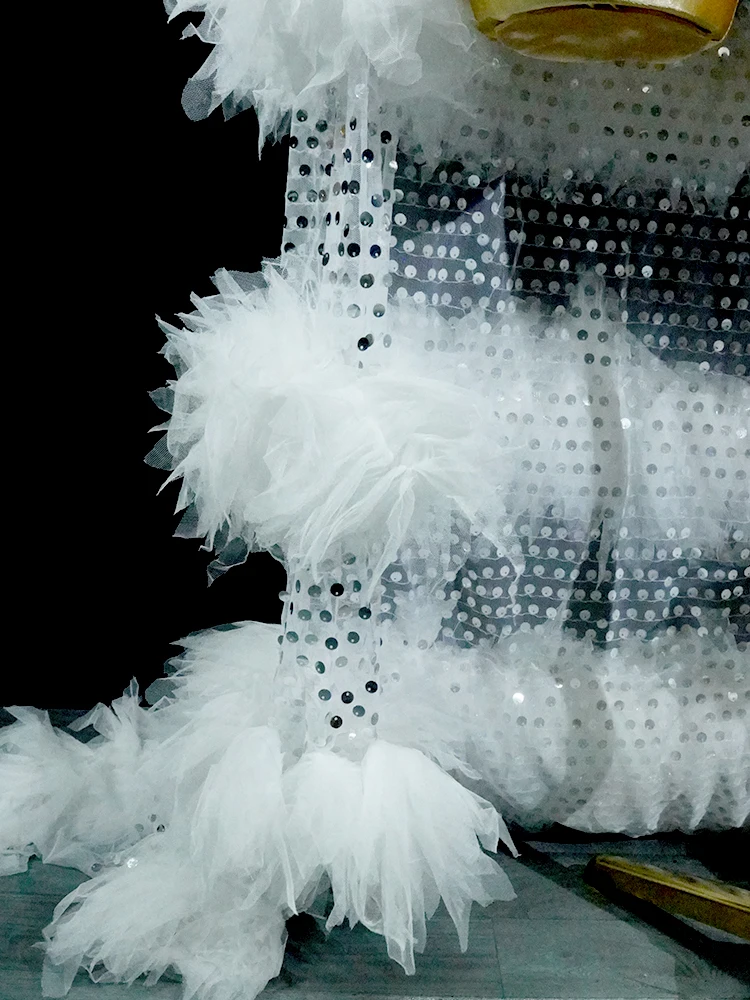 Sparkly Sequin Tassels Jacket Long Sleeve Silver Extra large Coat Men Singer Show Costume Evening Dance Stage Celebrate Outfit